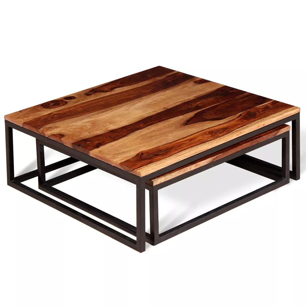 Solid Sheesham Wood Nesting Coffee Table Set with Metal Frame U991201