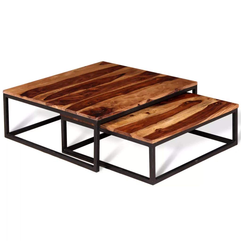 Solid Sheesham Wood Nesting Coffee Table Set with Metal Frame U991201