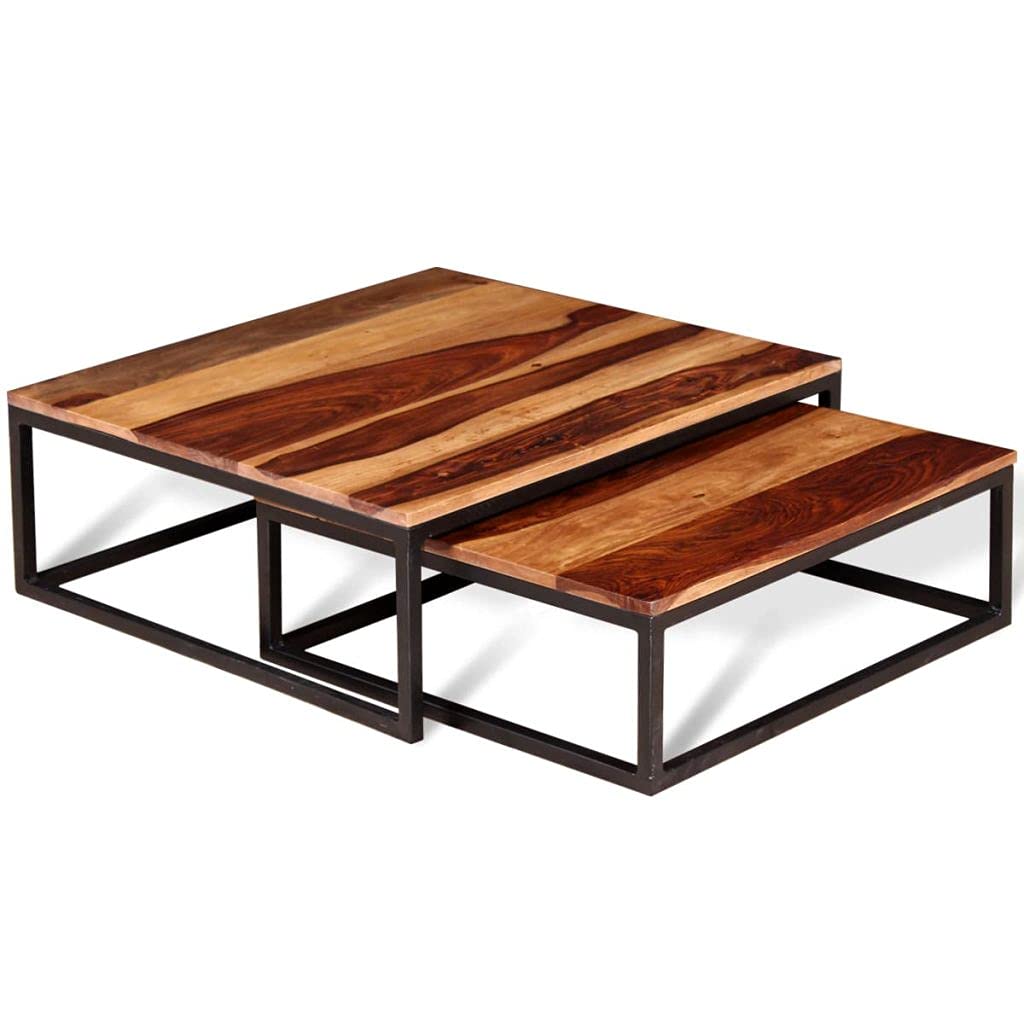 Solid Sheesham Wood Nesting Coffee Table Set with Metal Frame U991201