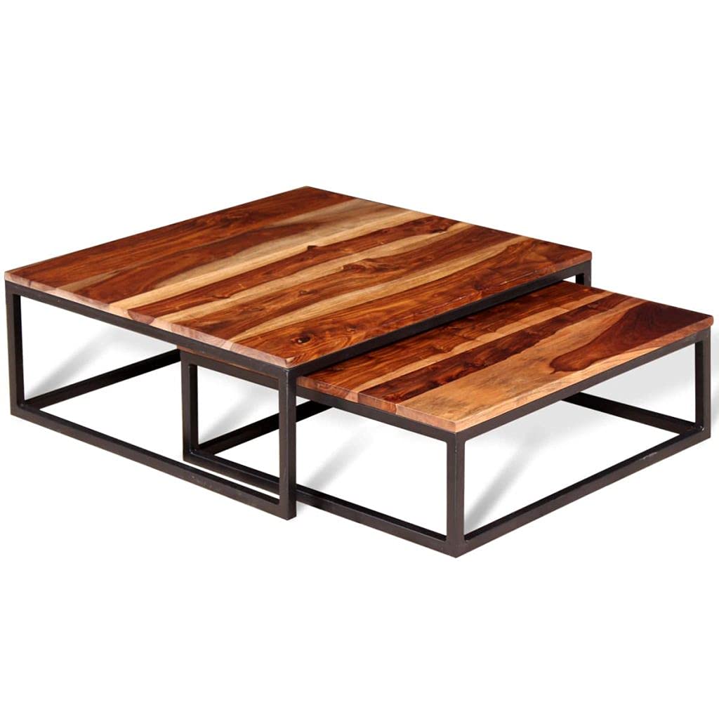 Solid Sheesham Wood Nesting Coffee Table Set with Metal Frame U991201