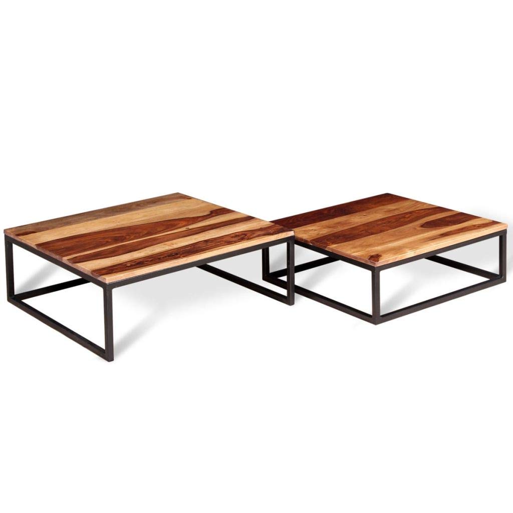Solid Sheesham Wood Nesting Coffee Table Set with Metal Frame U991201