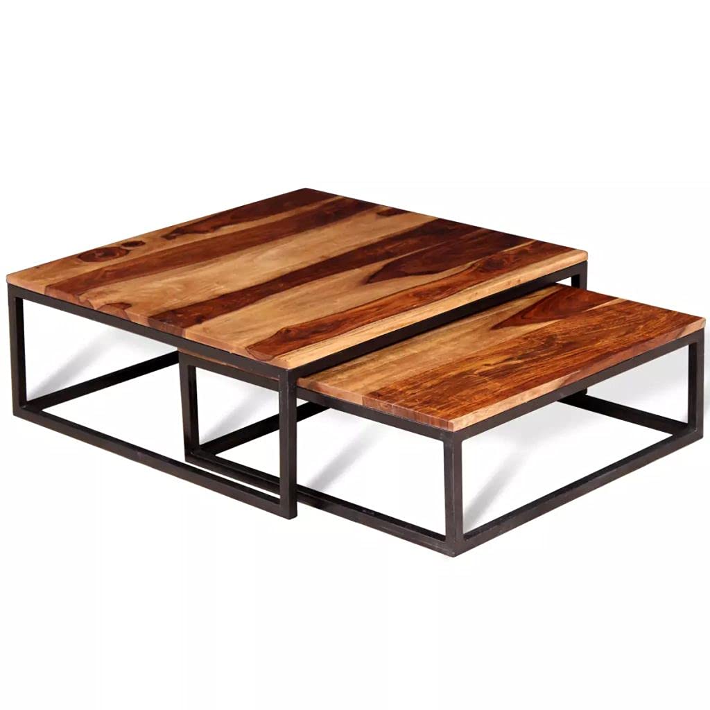 Solid Sheesham Wood Nesting Coffee Table Set with Metal Frame U991201