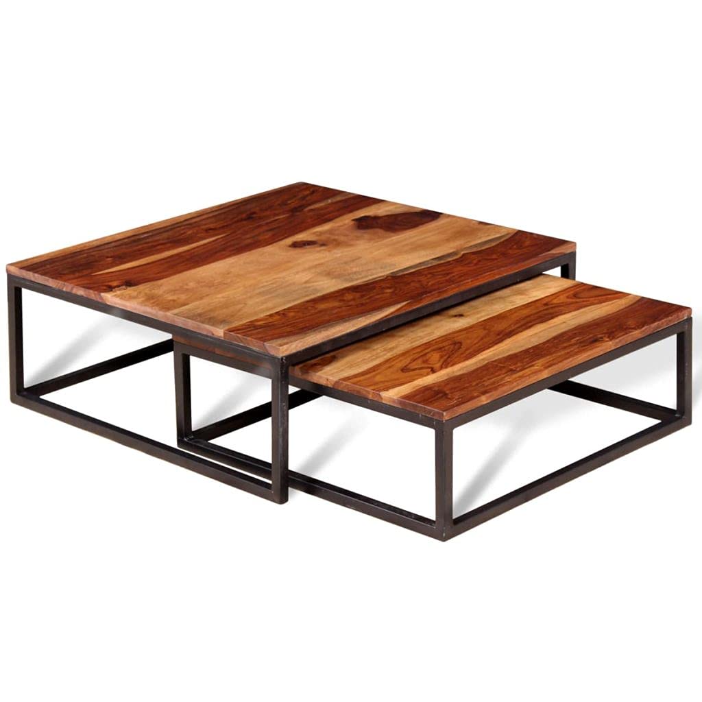 Solid Sheesham Wood Nesting Coffee Table Set with Metal Frame U991201
