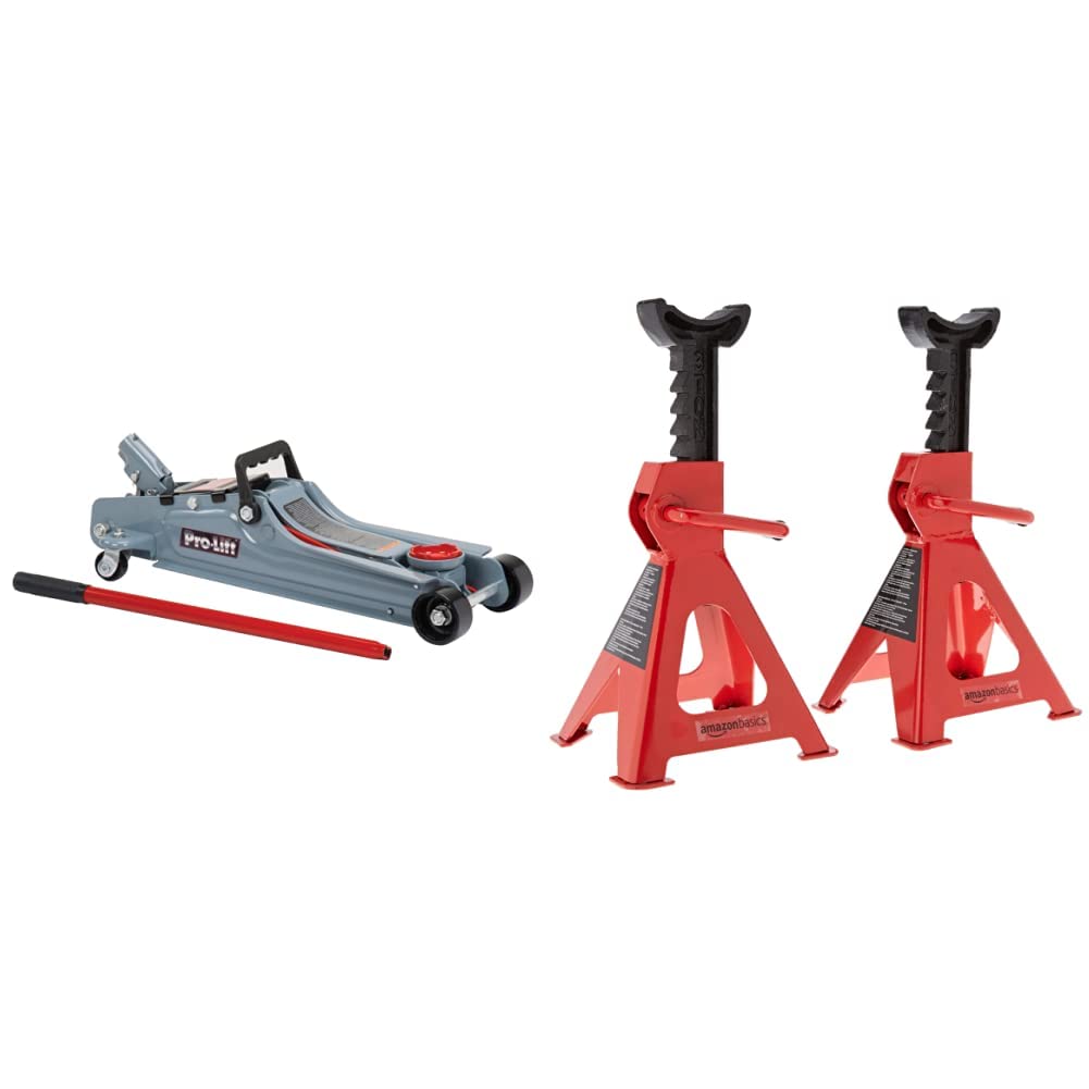 2 Ton Low Profile Floor Jack + 3 Ton Jack Stands, Black and Red M373