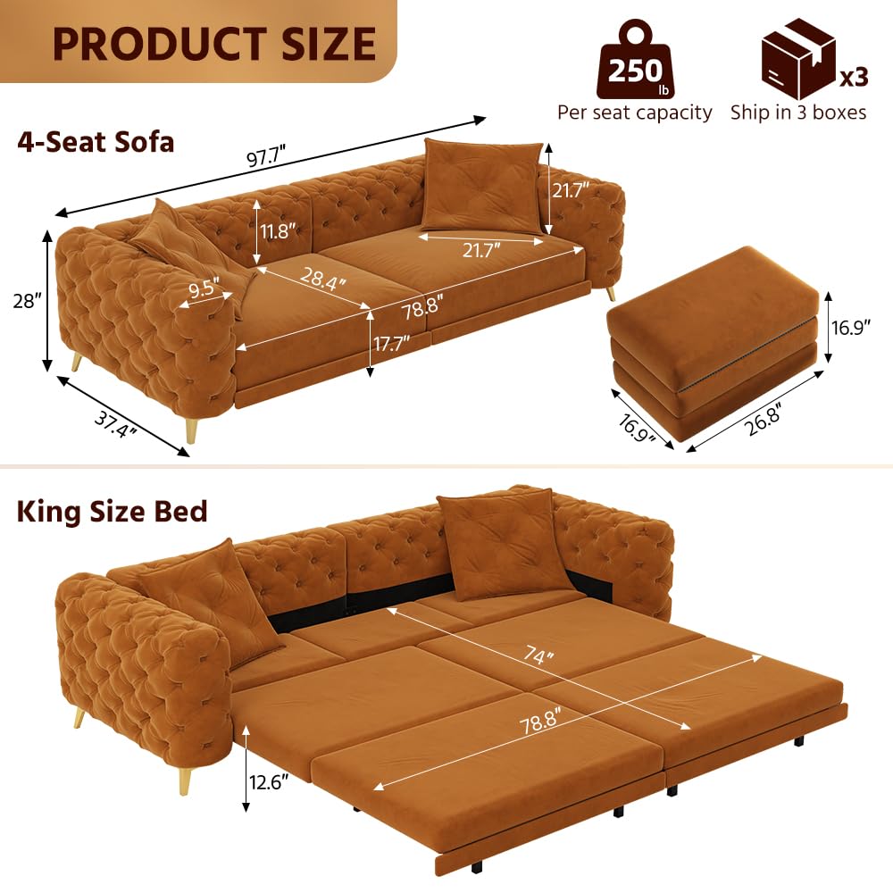 Orange Velvet 3 in 1 Convertible Sleeper Sofa H438361