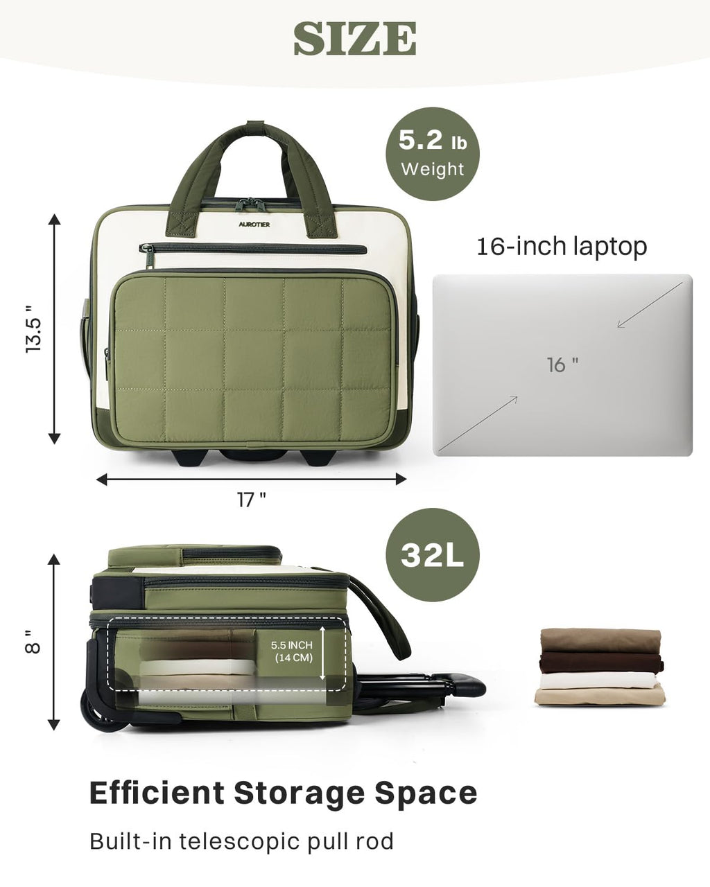 Rolling Puffer Laptop Bag, 16 Inch Water Resistant Carry On Luggage with Wheels, Green T79679