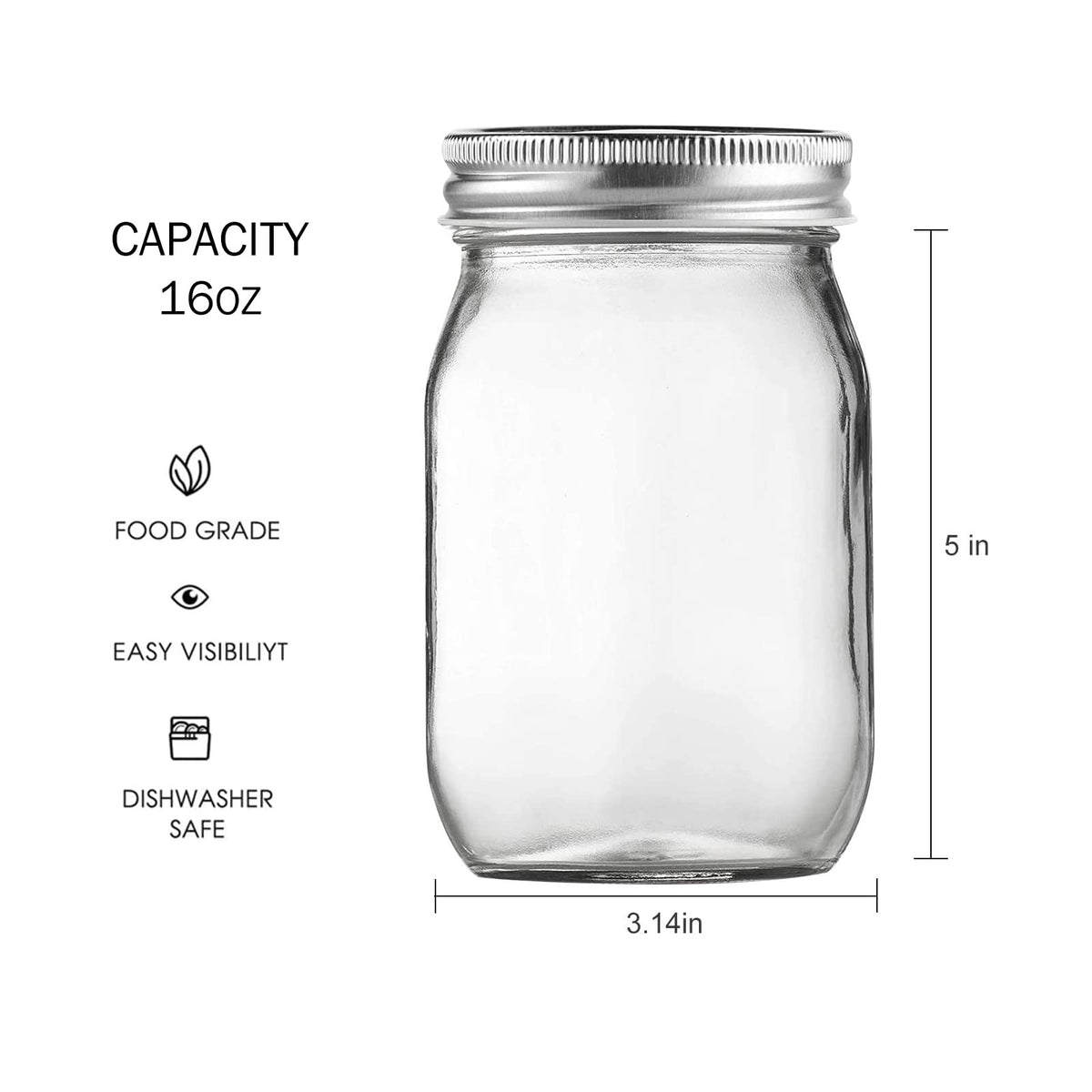 16oz Regular Mouth Glass Mason Jars with Airtight Lids, 4 Pack X93716