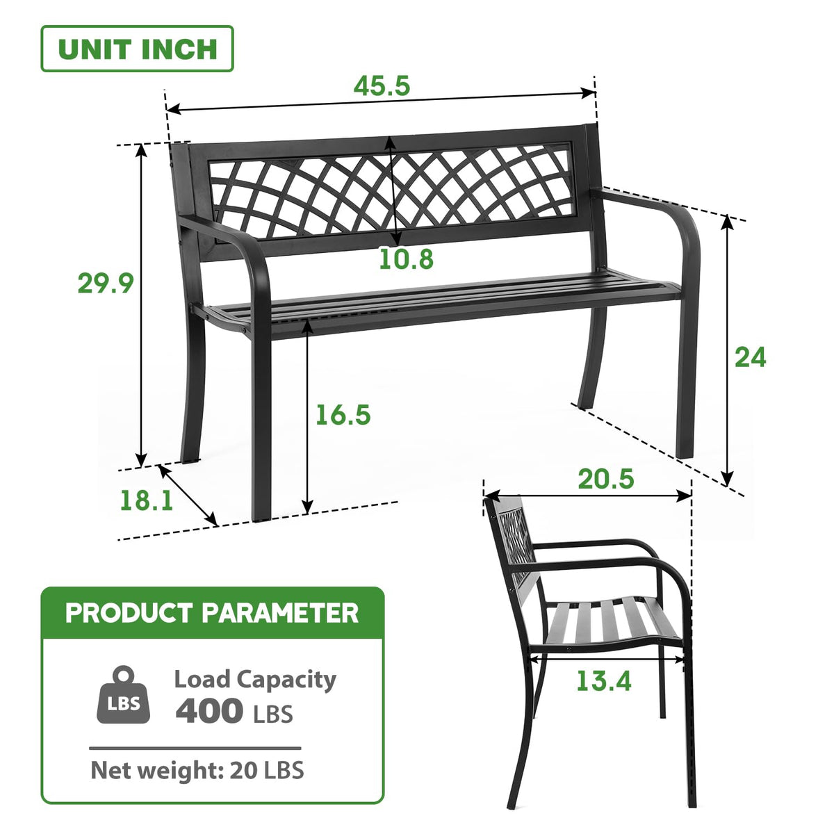 Black Metal Garden Bench with Plastic Backrest and Armrests H8022