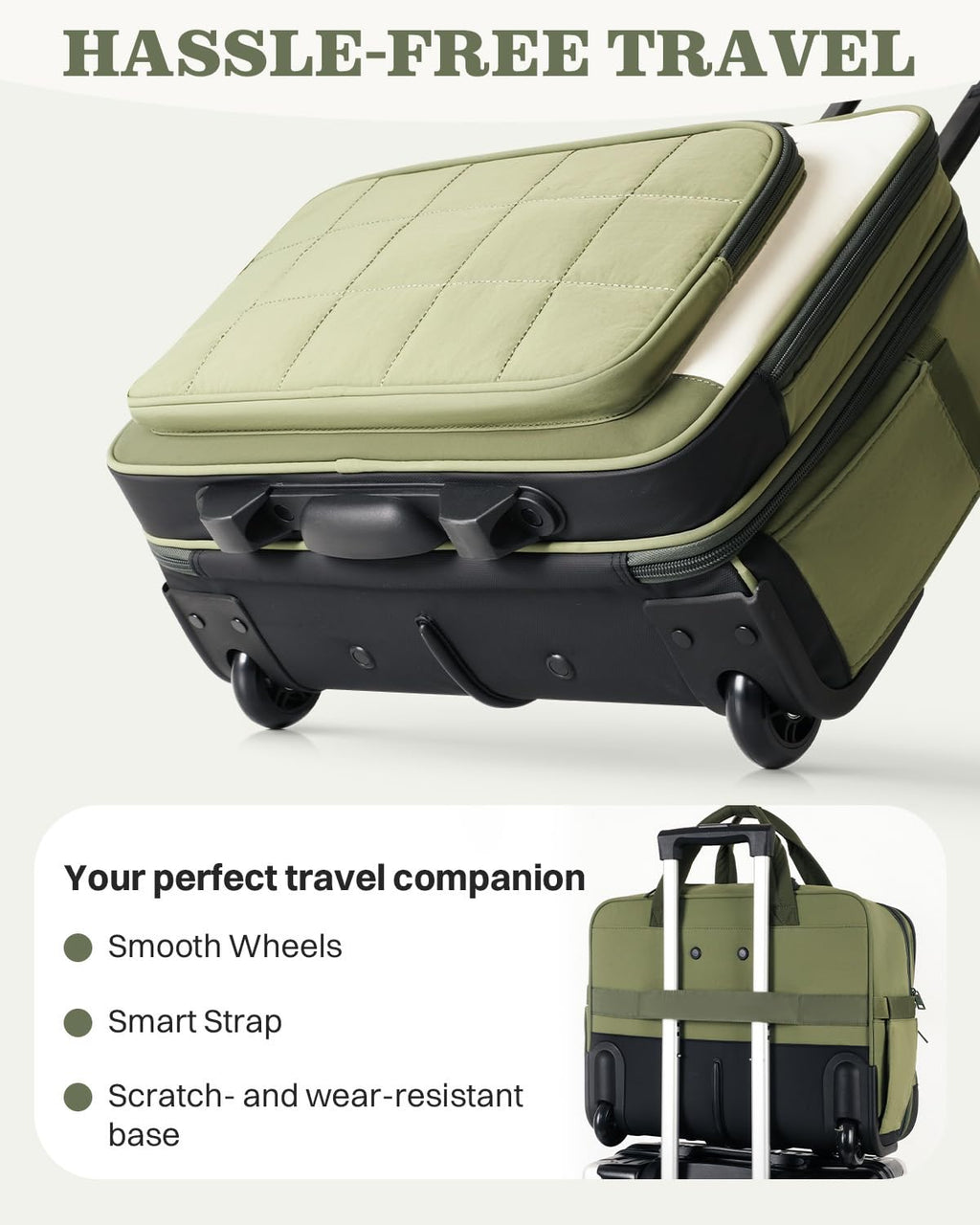 Rolling Puffer Laptop Bag, 16 Inch Water Resistant Carry On Luggage with Wheels, Green T79679