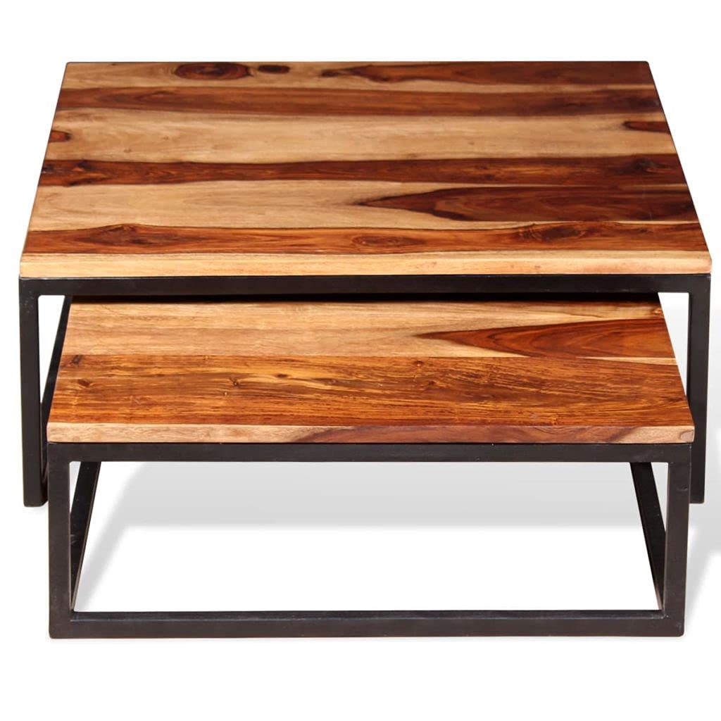 Solid Sheesham Wood Nesting Coffee Table Set with Metal Frame U991201