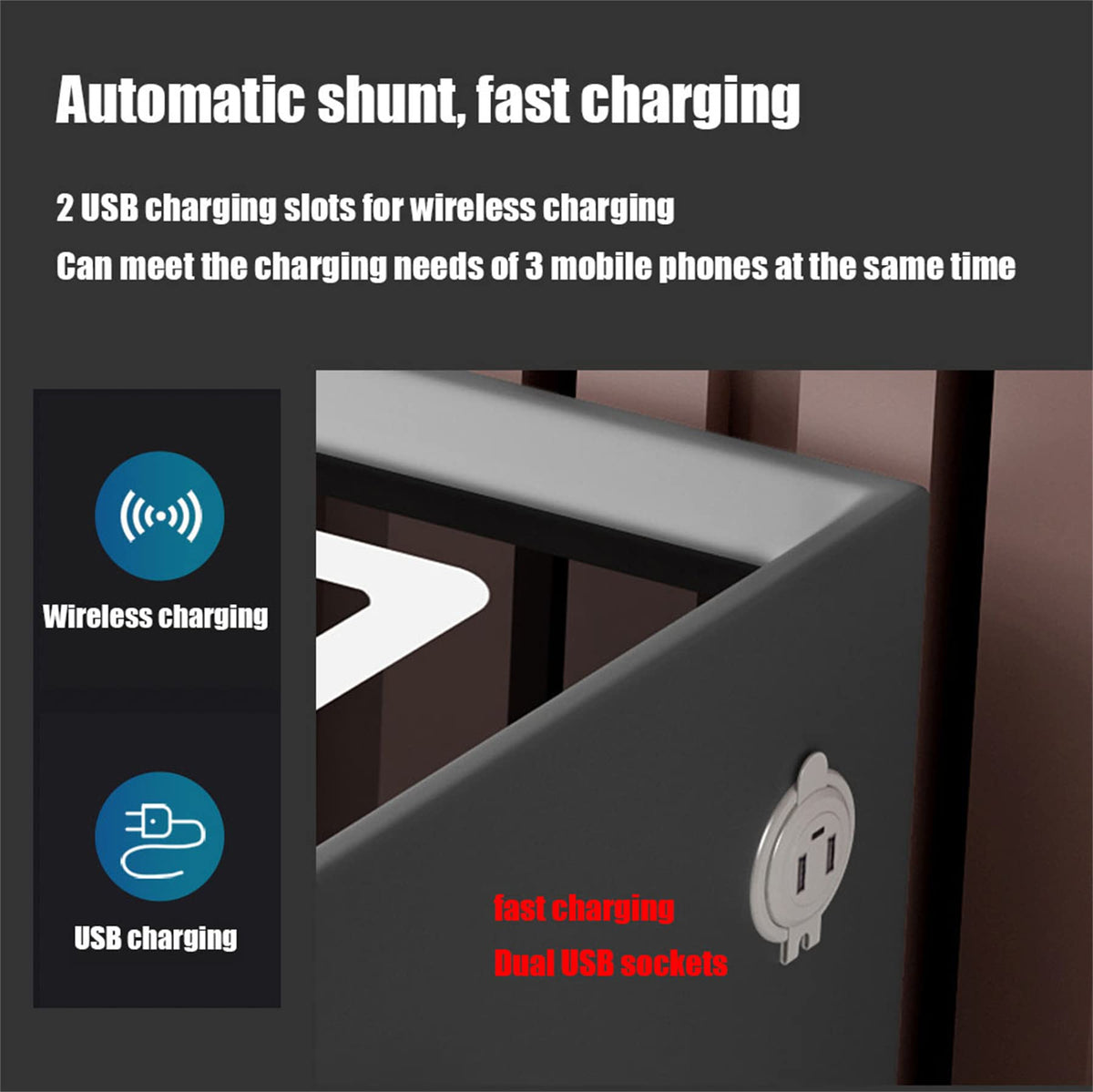 Black 3 Drawer Smart Bedside Table with LED Light and Wireless Charging D20650