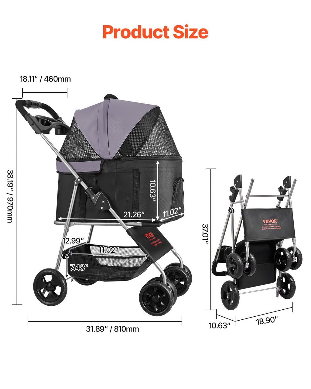 Foldable 4 Wheels Pet Stroller with Detachable Carrier F80001