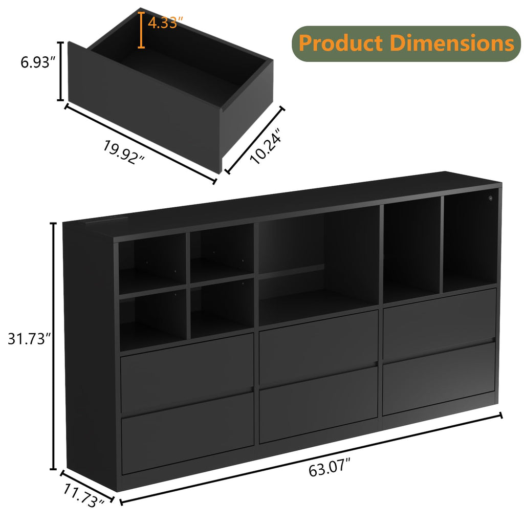 Black 6 Drawers Dresser with Cubbies H1203