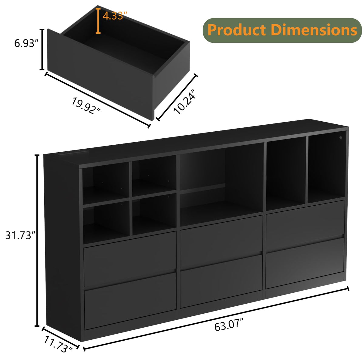 Black 6 Drawers Dresser with Cubbies H1203