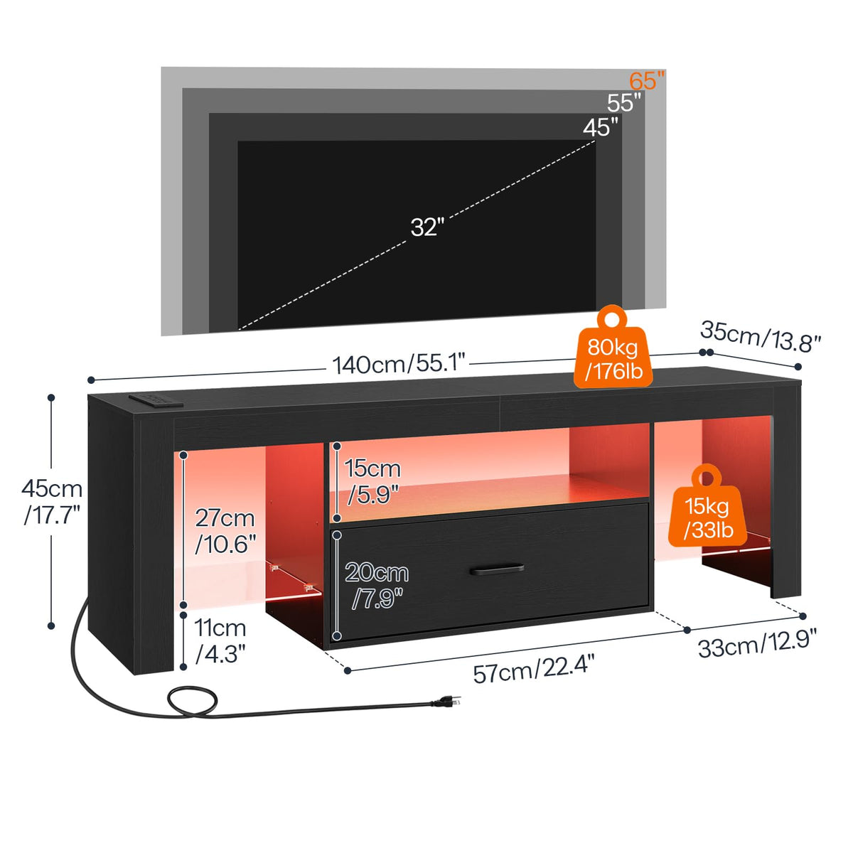 Black Glass Shelf TV Stand with Outlets and Drawer Y89749