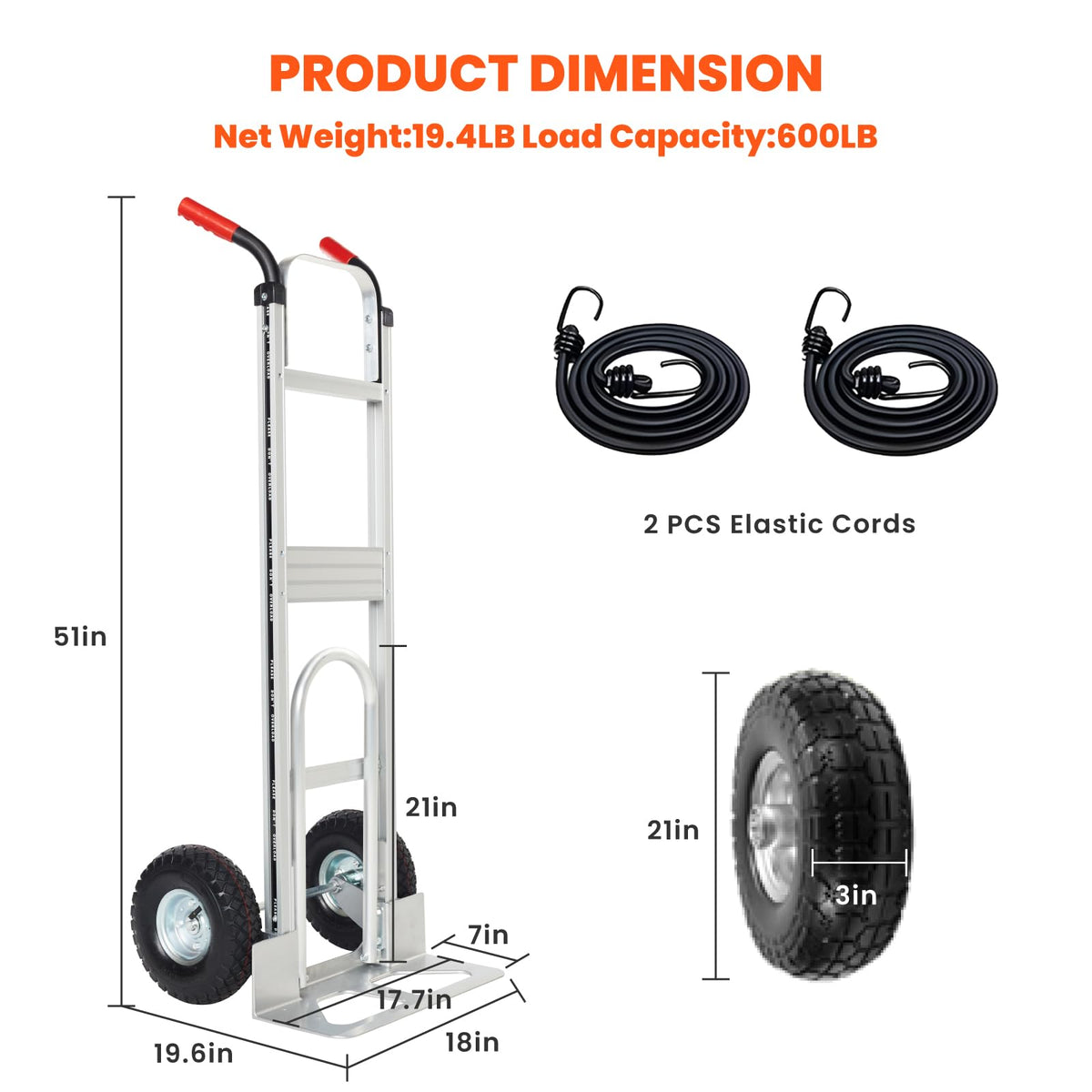 Aluminum Hand Truck Dolly Cart with 10" Pneumatic Tire, 600 LBS Capacity W217095