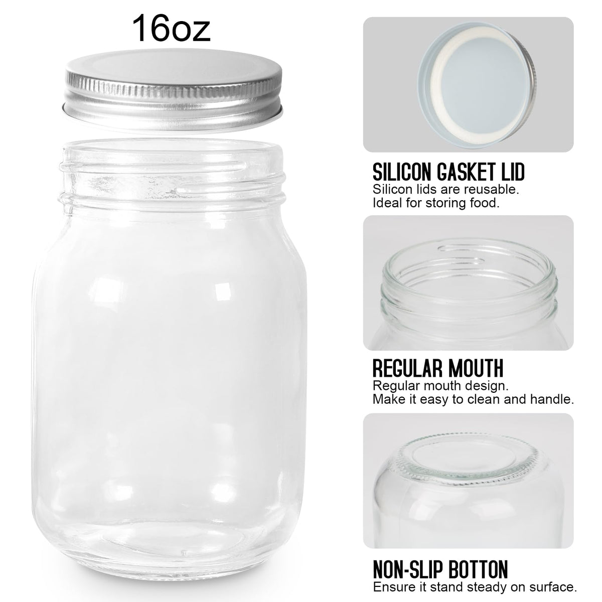 16oz Regular Mouth Glass Mason Jars with Airtight Lids, 4 Pack X93716