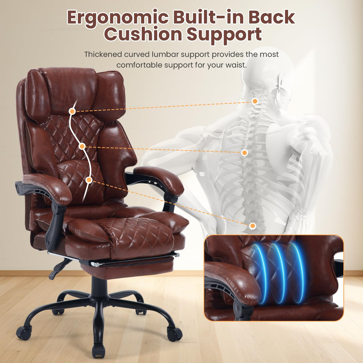 Brown Reclining Ergonomic Office Chair with Footrest J28744