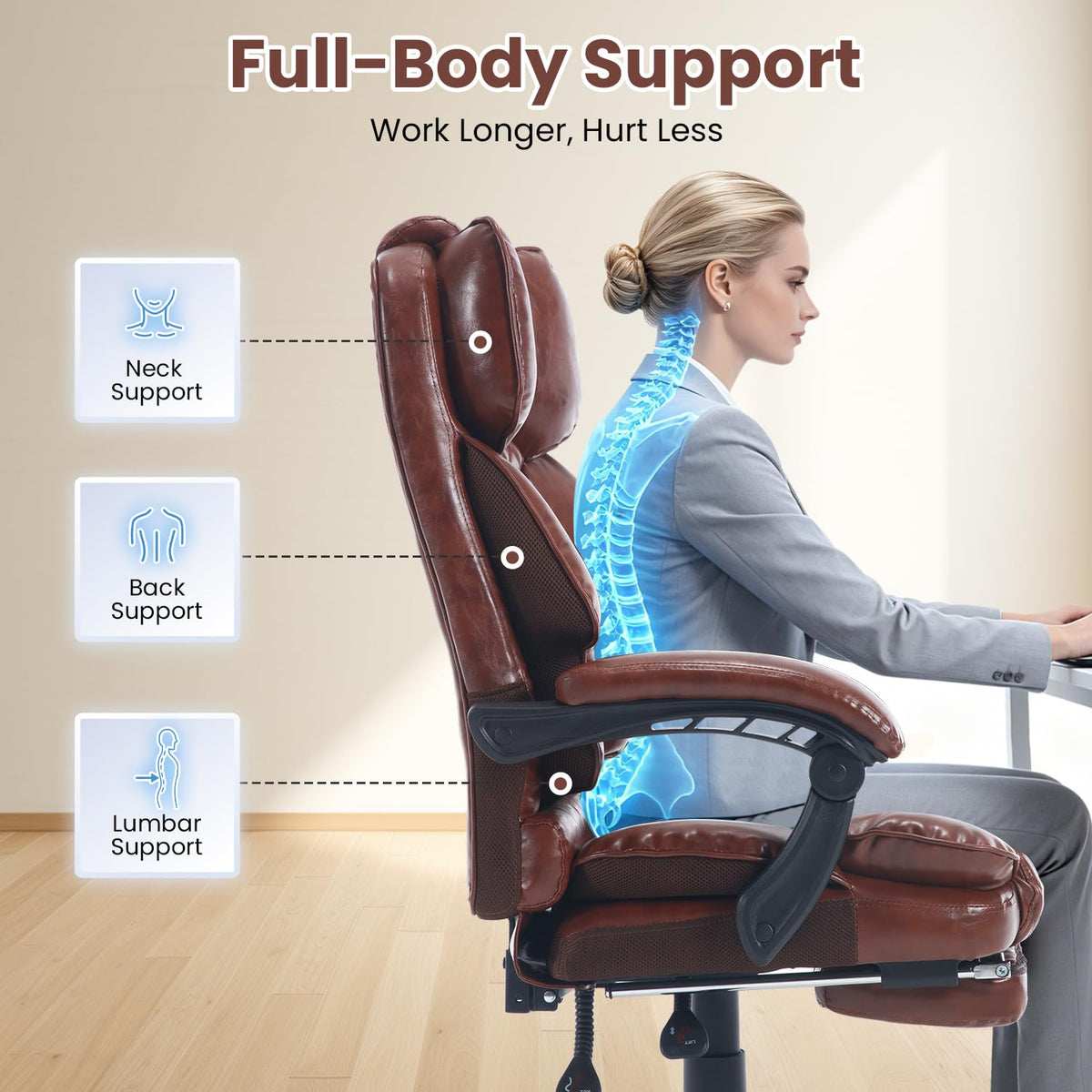 Brown Reclining Ergonomic Office Chair with Footrest J28744