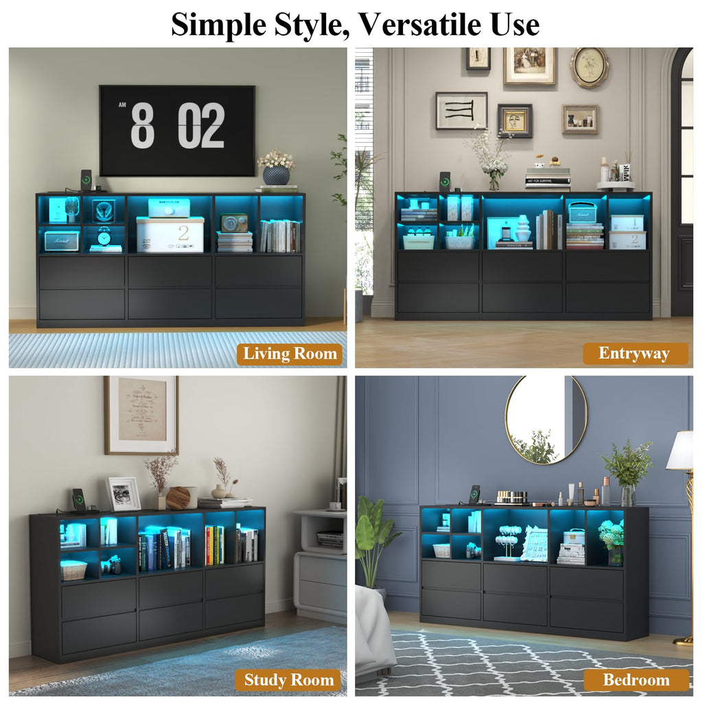 Black 6 Drawers Dresser with Cubbies H1203