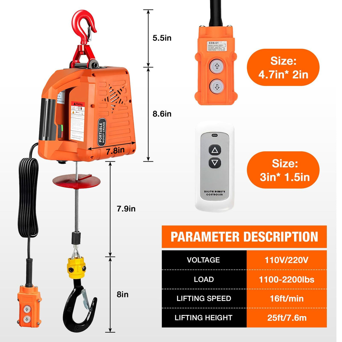 3 in 1 Electric Hoist Winch 2200 lbs 110/120V 25ft K337