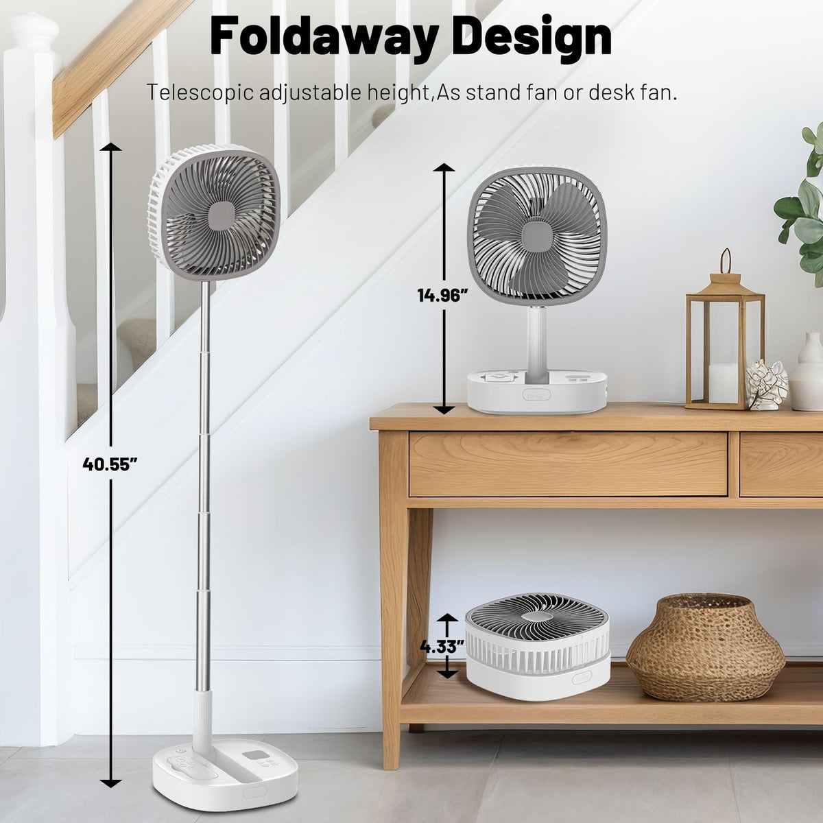 Portable Oscillating Pedestal Fan, 4 Speed 7200Mah Rechargeable Gray E2665