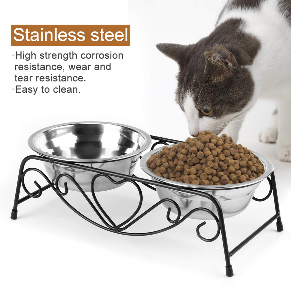 Double Stainless Steel Elevated Dog Bowls with Iron Stand D88638