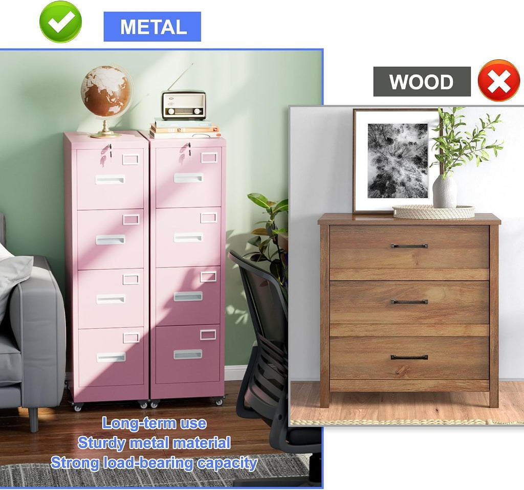 4 Drawer Metal File Cabinet with Lock and Wheels J541615