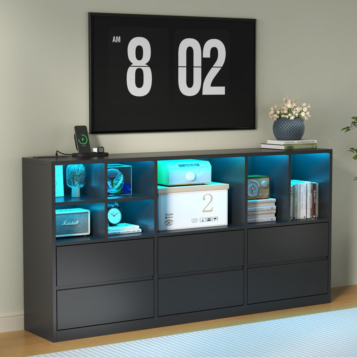 Black 6 Drawers Dresser with Cubbies H1203
