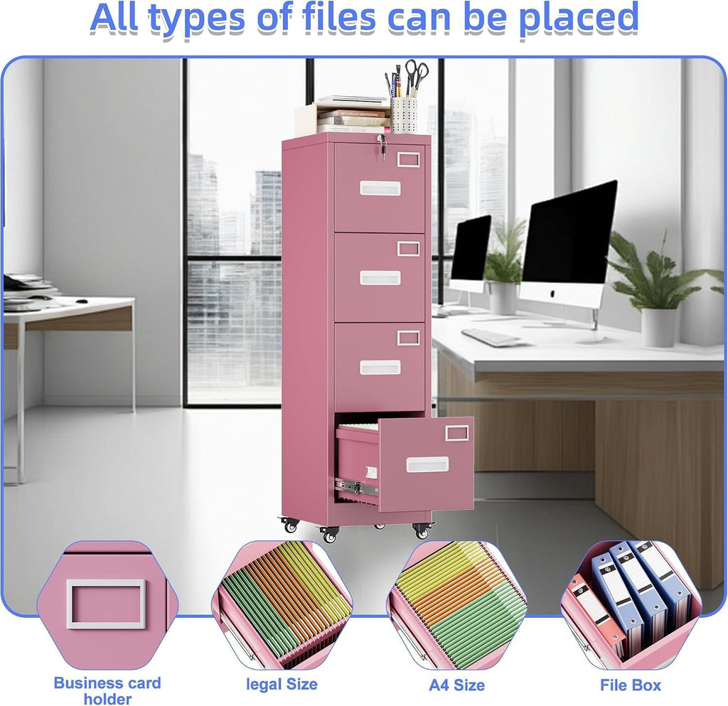 4 Drawer Metal File Cabinet with Lock and Wheels J541615