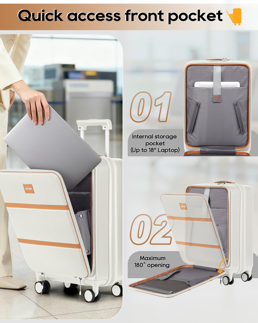 20 Inch Carry On Luggage with Front Pocket and Cup Holder, White G956