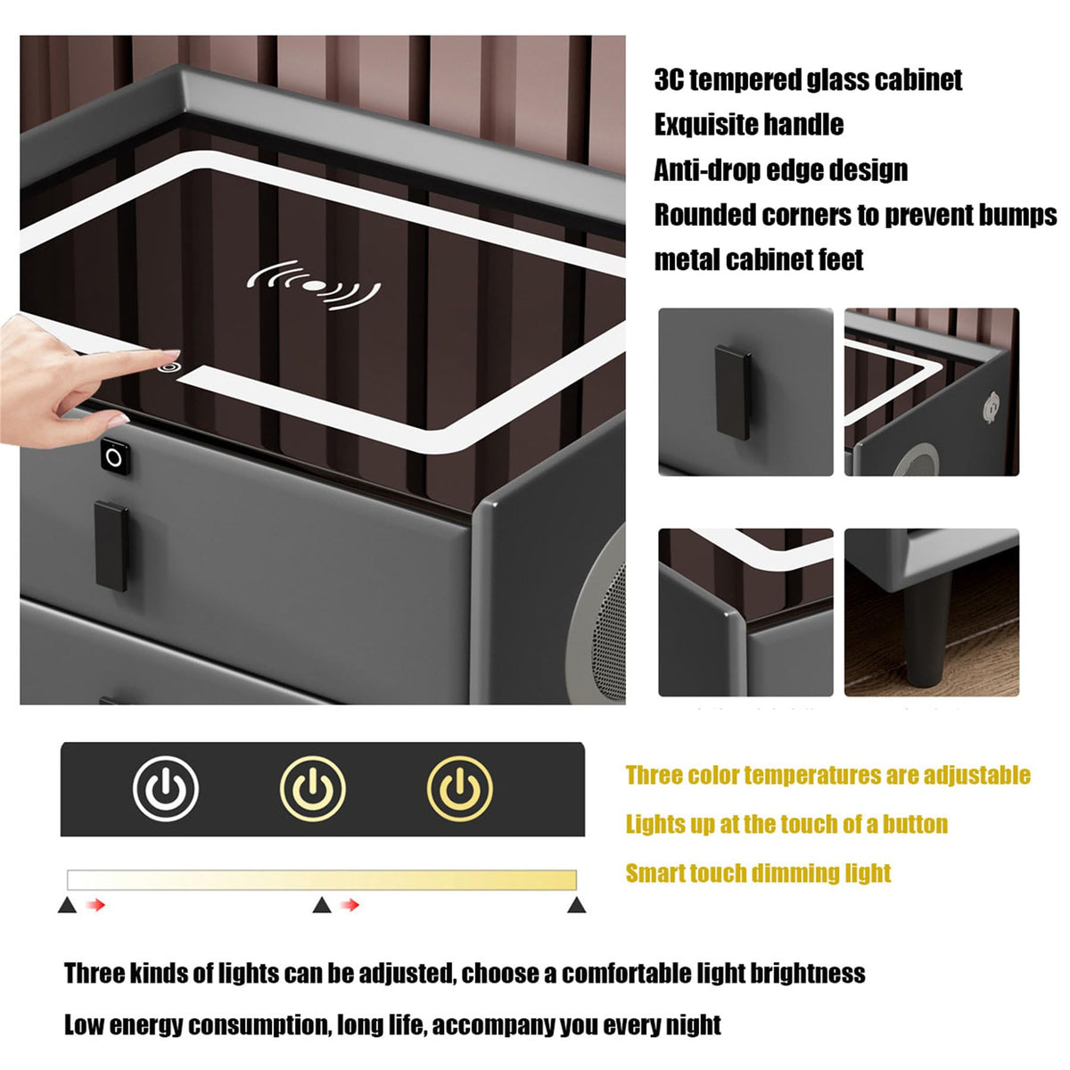 Black 3 Drawer Smart Bedside Table with LED Light and Wireless Charging D20650