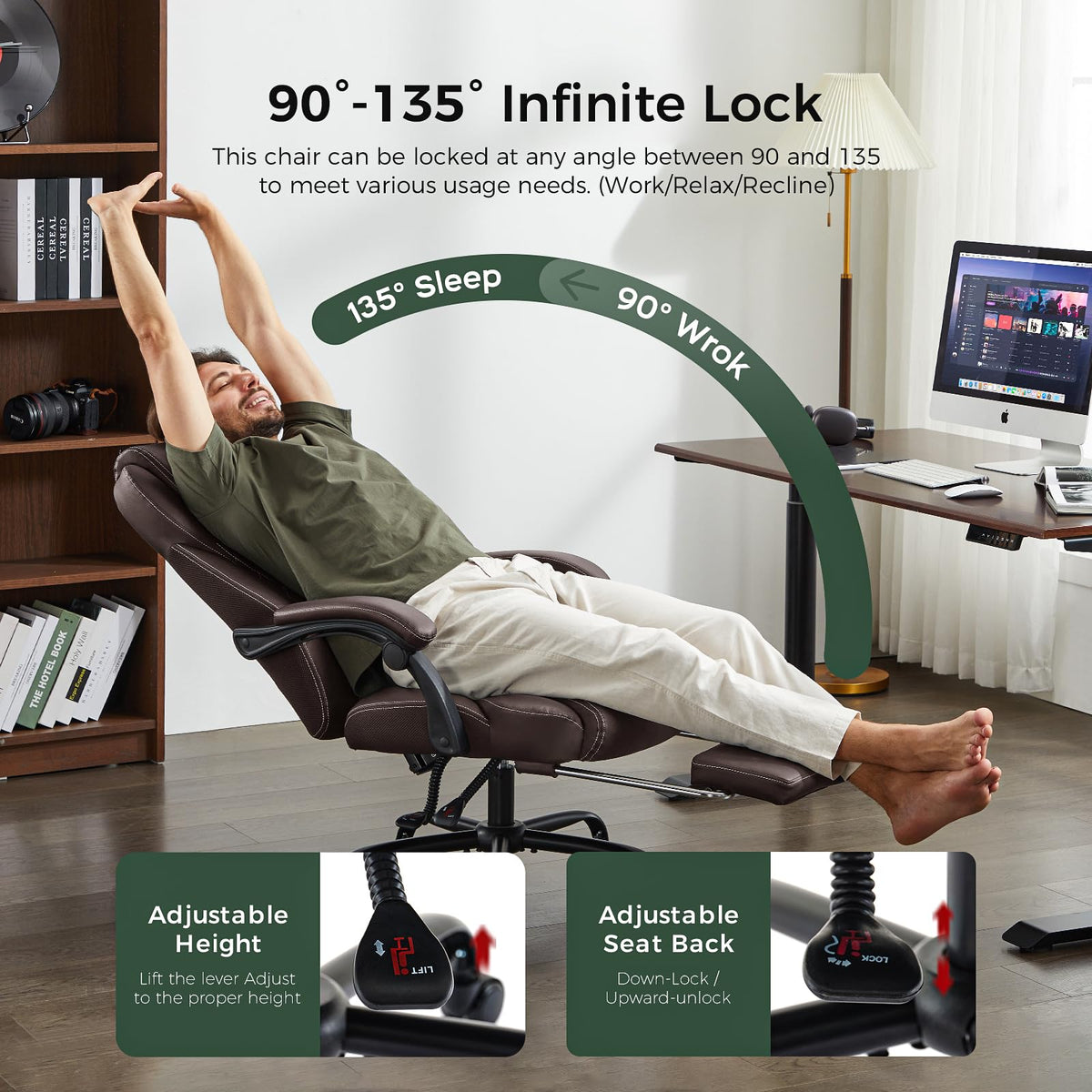 Big and Tall Office Chair with Footrest, Lumbar Support, Brown G99780
