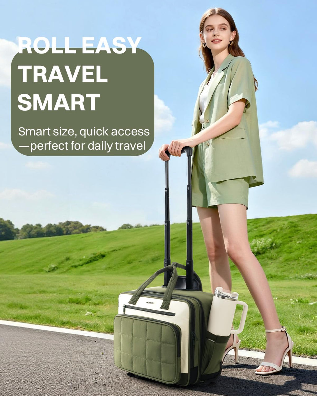 Rolling Puffer Laptop Bag, 16 Inch Water Resistant Carry On Luggage with Wheels, Green T79679