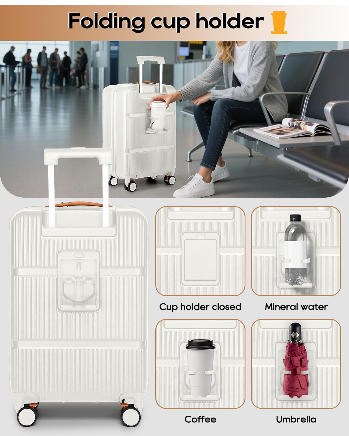 20 Inch Carry On Luggage with Front Pocket and Cup Holder, White G956