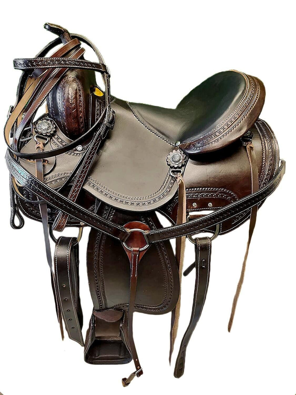 Brown Leather Western Horse Saddle Set with Headstall Breast Collar Reins U83661
