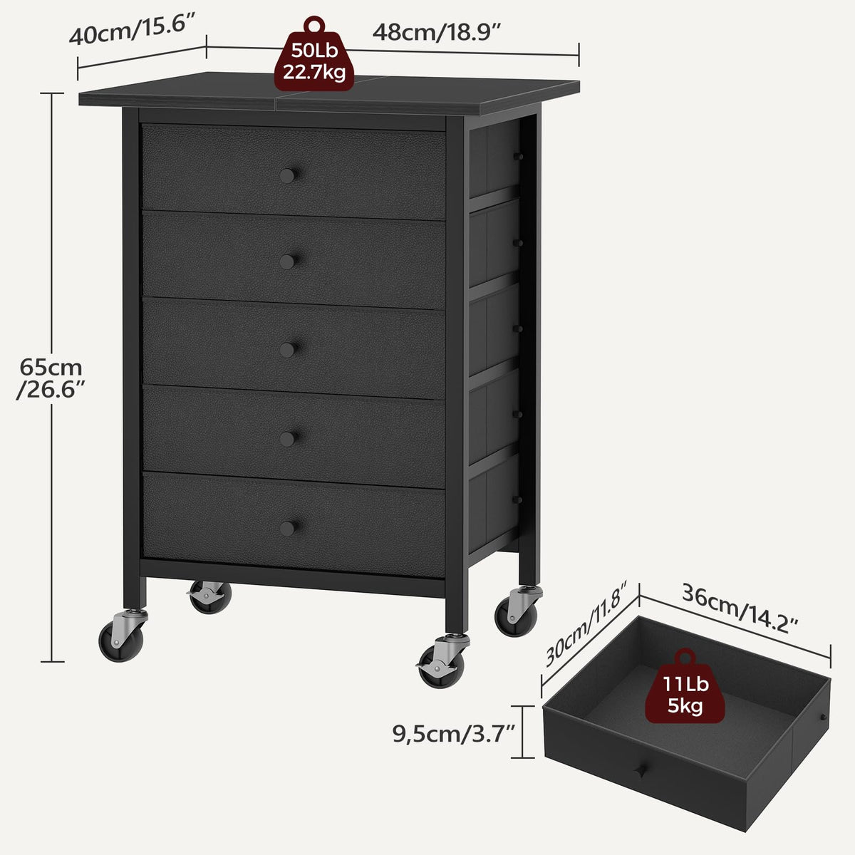 Black 5 Drawer Rolling File Cabinet with Wheels G80497