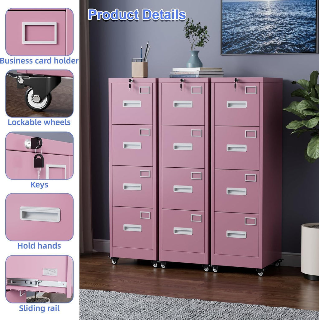4 Drawer Metal File Cabinet with Lock and Wheels J541615