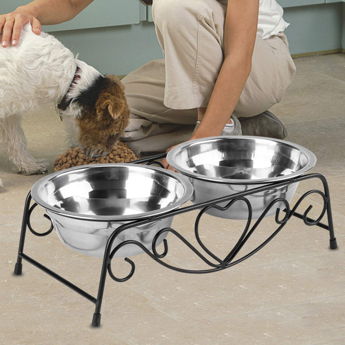 Double Stainless Steel Elevated Dog Bowls with Iron Stand D88638
