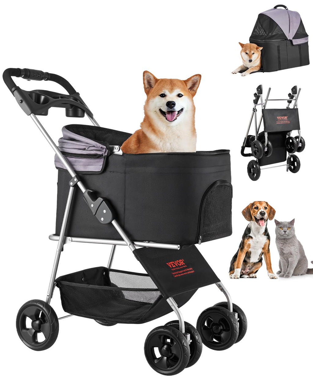 Foldable 4 Wheels Pet Stroller with Detachable Carrier F80001