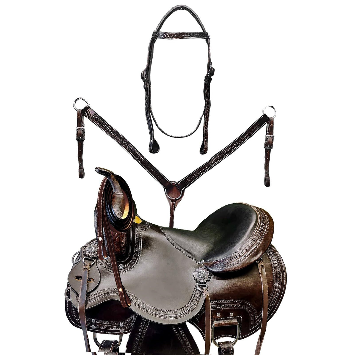Brown Leather Western Horse Saddle Set with Headstall Breast Collar Reins U83661