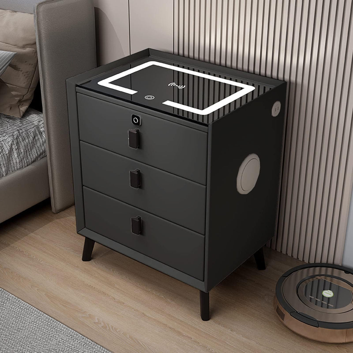Black 3 Drawer Smart Bedside Table with LED Light and Wireless Charging D20650