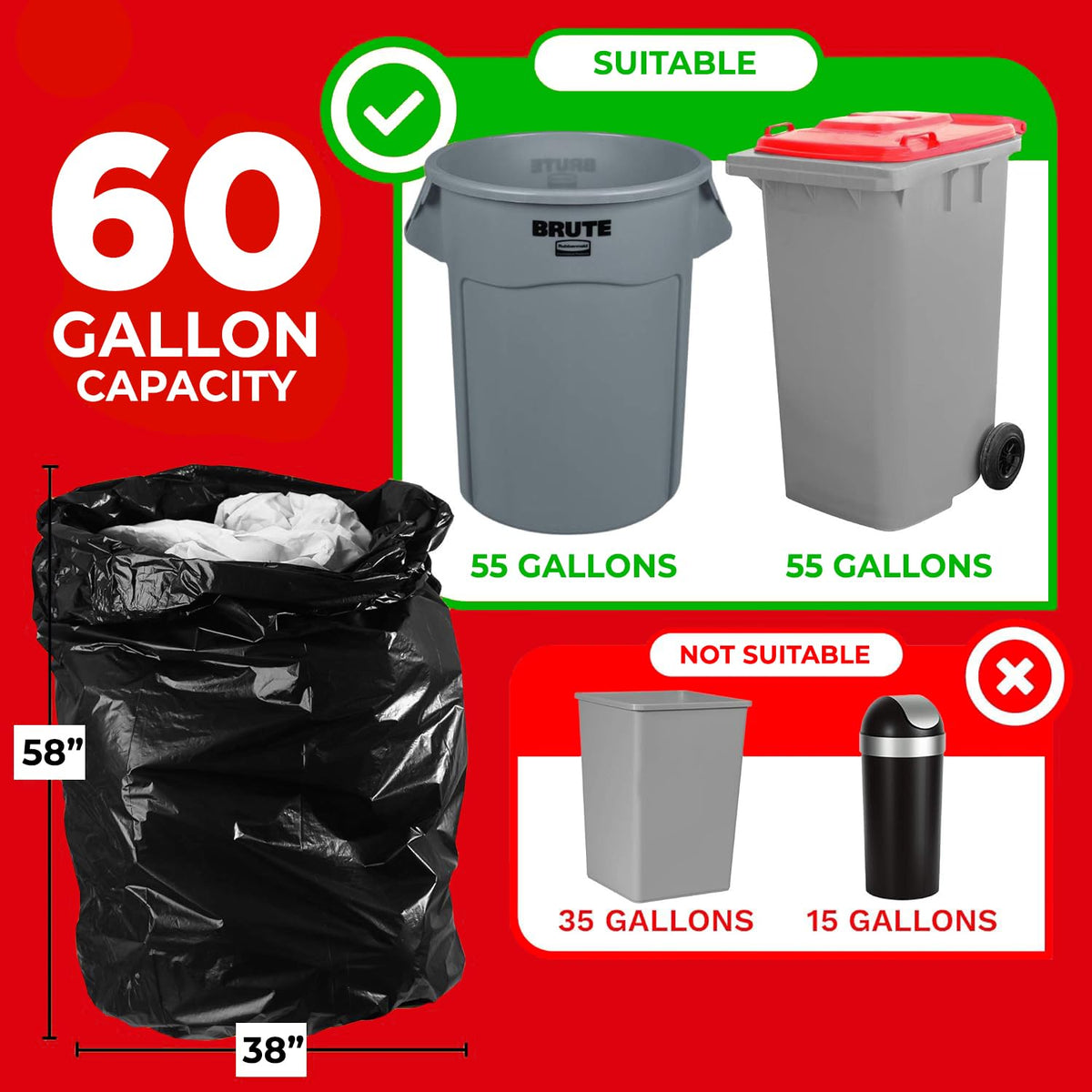 55-60 Gallon Heavy Duty Trash Bags, 50 Count, Black, 2.5 Mil D6851
