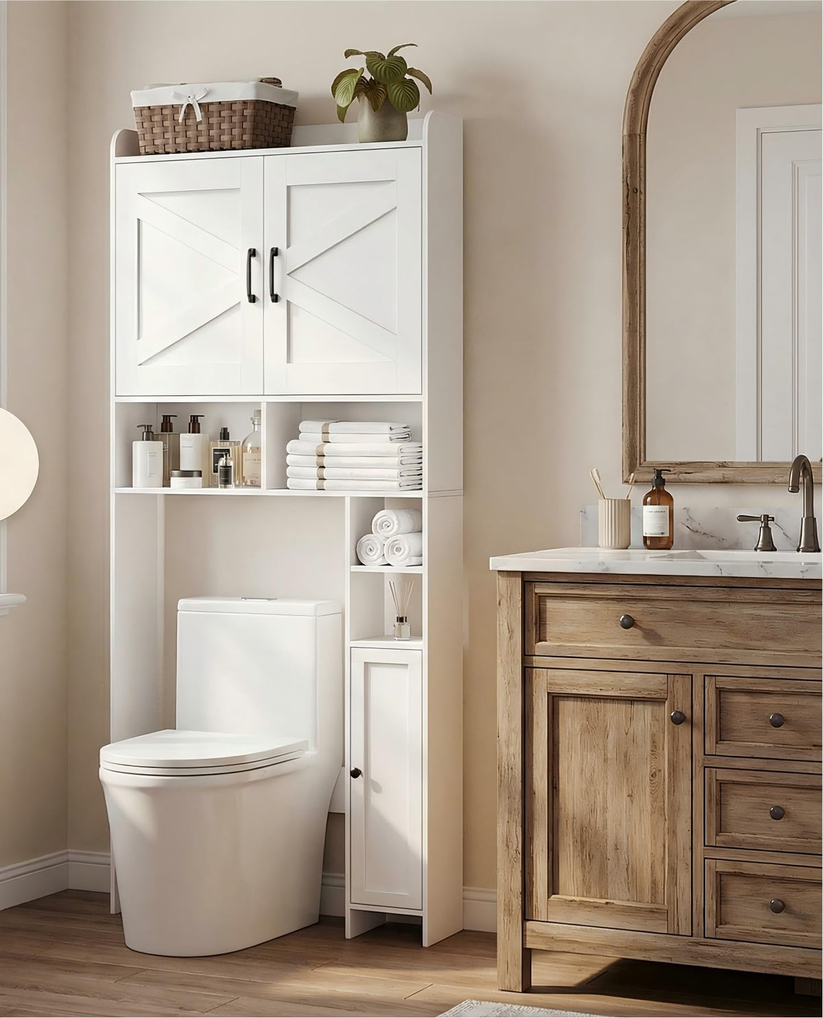 Wooden Over The Toilet Storage Cabinet with Barn Door R9621