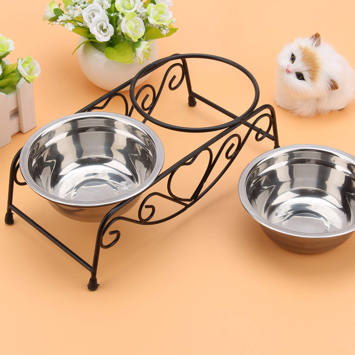 Double Stainless Steel Elevated Dog Bowls with Iron Stand D88638
