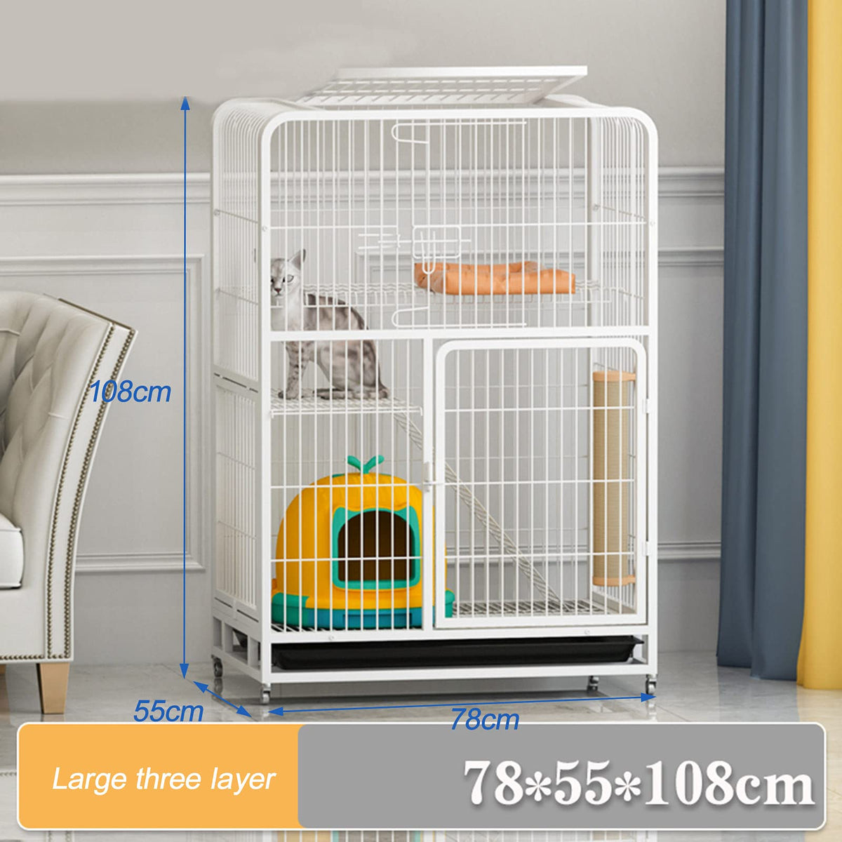 Large 3-Tier Metal Wire Cat Cage with Hammock and Casters D656