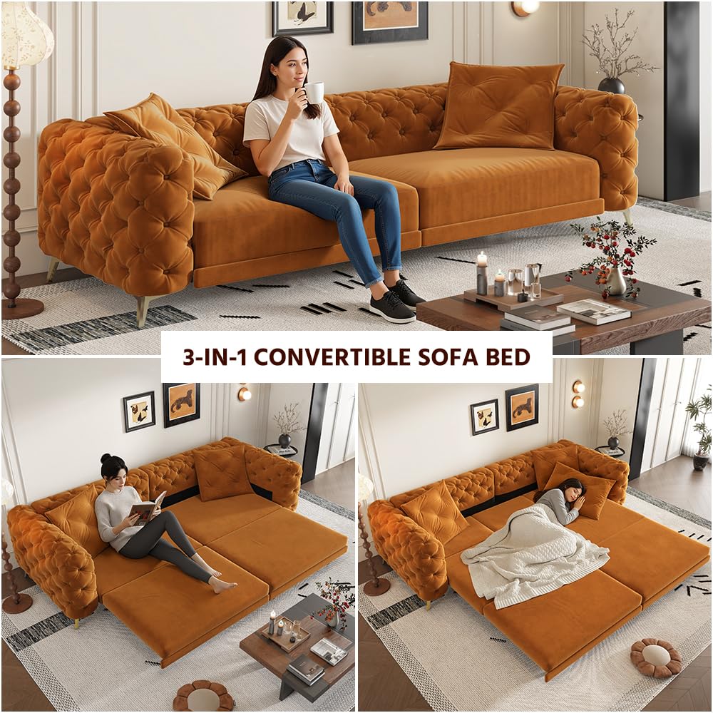 Orange Velvet 3 in 1 Convertible Sleeper Sofa H438361