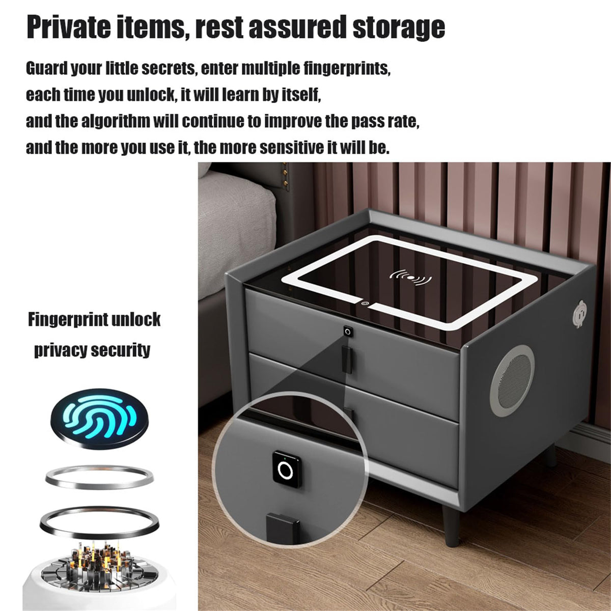 Black 3 Drawer Smart Bedside Table with LED Light and Wireless Charging D20650