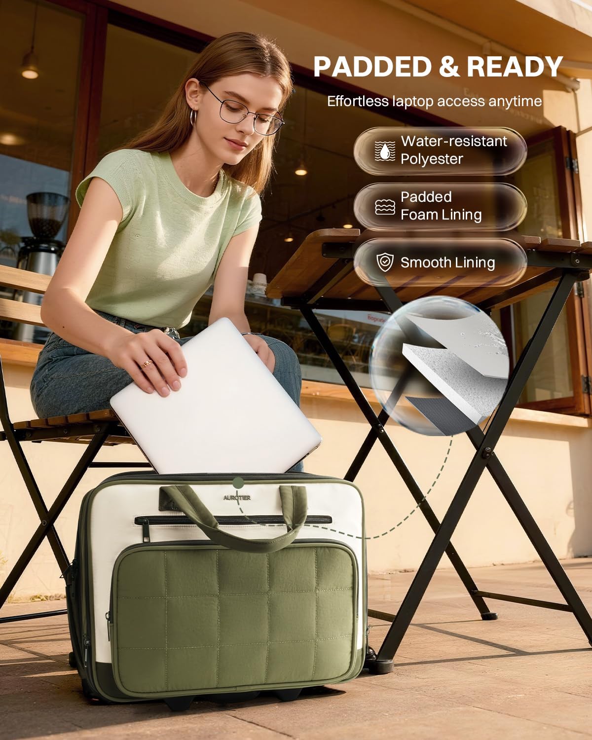 Rolling Puffer Laptop Bag, 16 Inch Water Resistant Carry On Luggage with Wheels, Green T79679