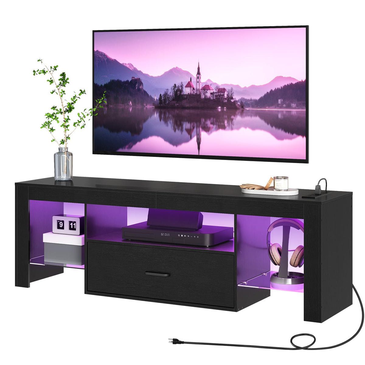 Black Glass Shelf TV Stand with Outlets and Drawer Y89749